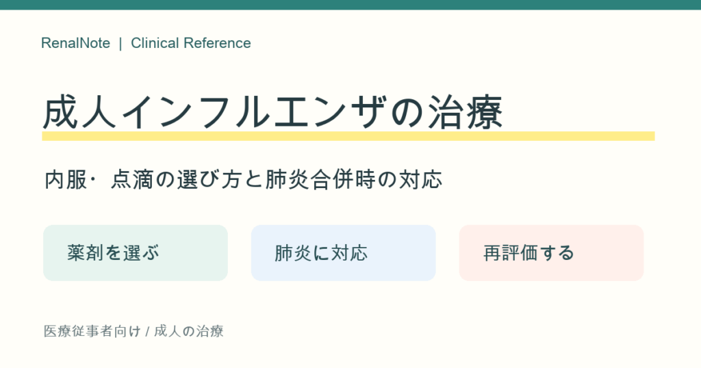 成人インフルエンザの治療｜内服・点滴の選び方と肺炎合併時の対応